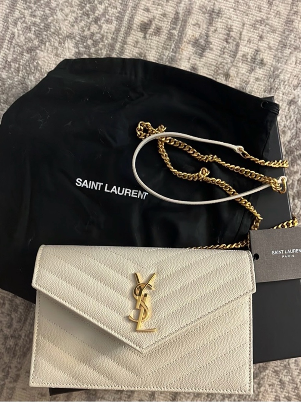 Saint Laurent Ivory Chevron Envelope Shoulder Bag with Gold YSL